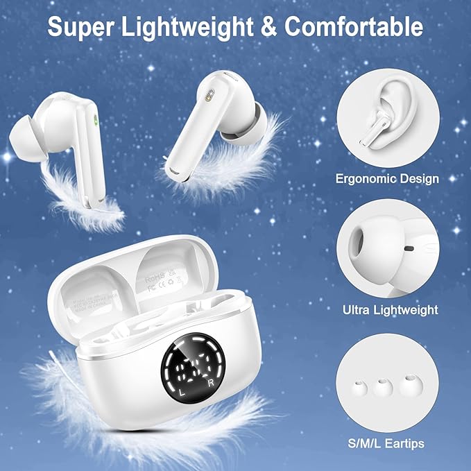 Bluetooth 5.4 Headphones, 2025 Wireless Earbuds 3D Hi-Fi Stereo Bass Ear Buds, 4 ENC Noise Cancelling Mic, 3g USB-C in-Ear Earphone Sport, IP-X7 Waterproof Workout Gym for Android iOS Laptop Pad