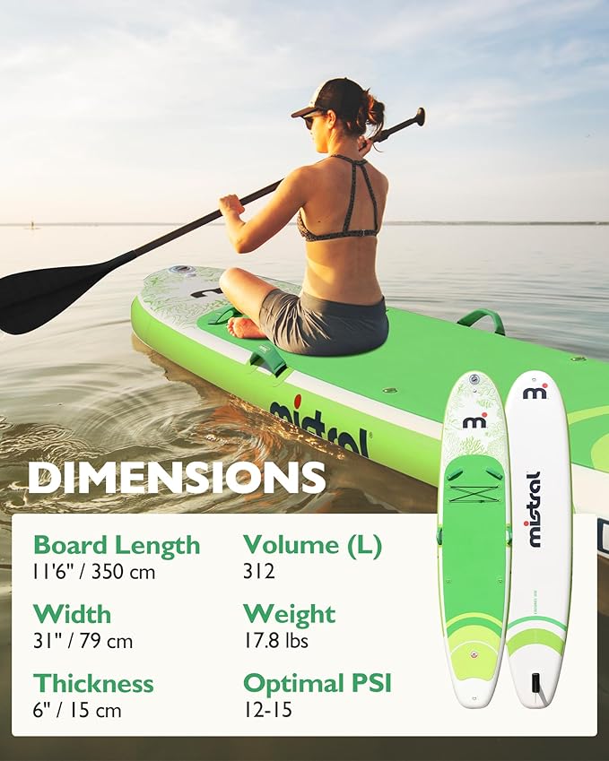 Mistral Stand Up Paddle Board, 11'6 x31''x6'' Inflatable SUP with Premium Paddleboard Accessories, Carry Bag, Dual Action Pump, Paddle, Leash, Wide Stable Design, Non-Slip Deck for Adults & Youth
