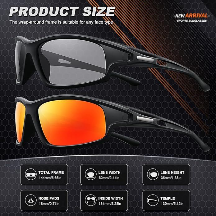 Polarized Sports Sunglasses for Men 100% UV Protection Wrap Around Unbreakable Sun Glasses for Fishing Driving