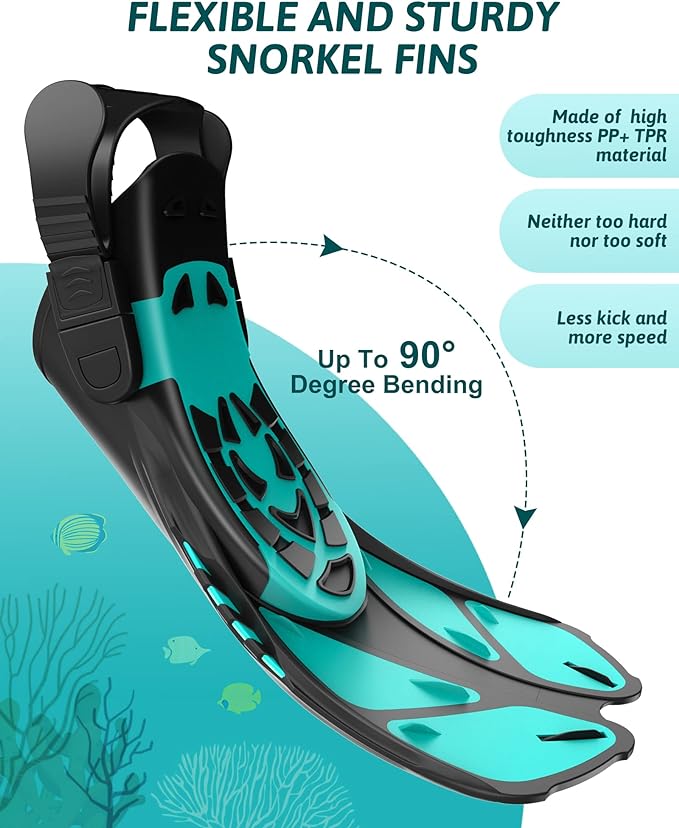 Mask Fins Snorkeling Gear for Adults, Full Face Snorkel Mask & Adjustable Swim Fins Snorkel Set, Panoramic View Snorkel Mask Dry Top Anti-Fog Anti-Leak