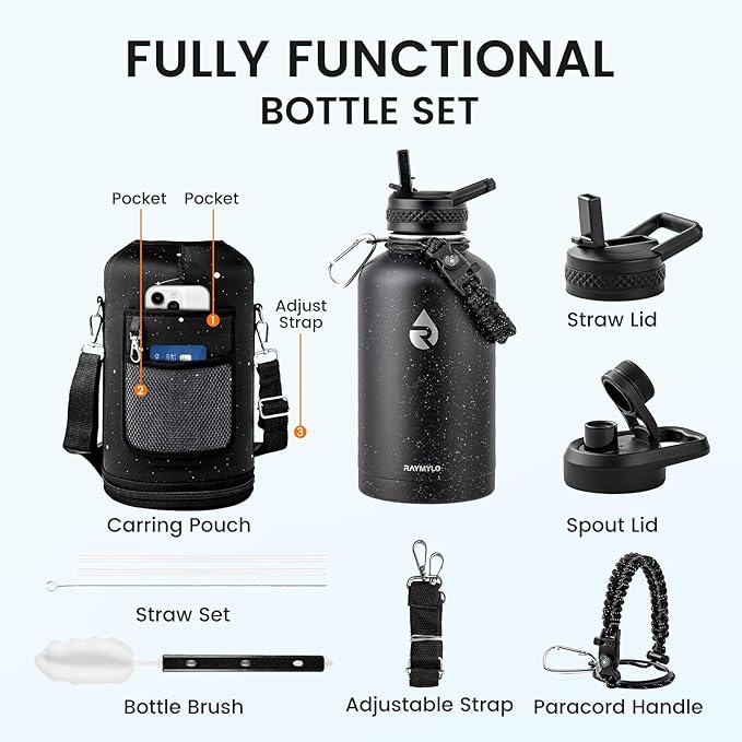 64oz Insulated Water Bottle, Triple Wall Vacuum Stainless Steel Water Bottles - Keeps Cold 48H, Reusable Half Gallon Jug for Gym, Sports, Camping, Hiking,Travel, Black Speckled