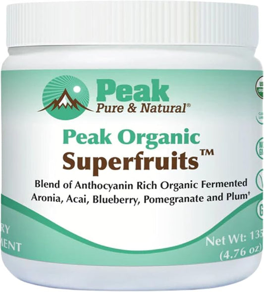Peak Organic Superfruits - Polyphenol Rich Superfood Powder - Non-GMO Fermented Aronia Berry, Acai, Blueberry, Pomegranate, and Plum - Aging, Metabolic Health, Heart Health (30 Servings)