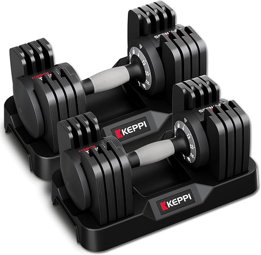 Keppi Adjustable Dumbbells Set-25lb/40lb/55lb/60lb, Anti-Slip Metal Fast Adjust Weight Handle, Exercise & Fitness for Full Body Workout - Adjustable Dumbbell Series