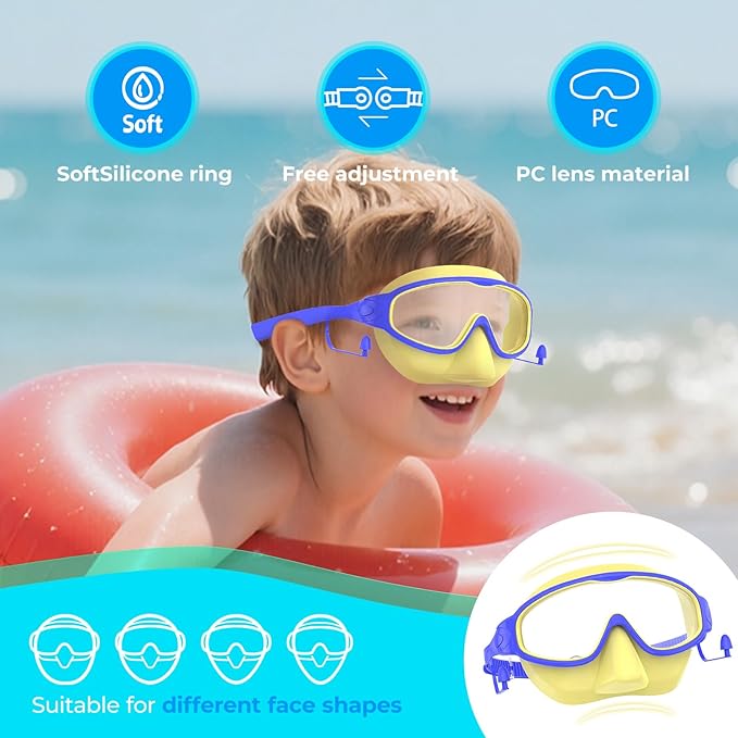 Swim Goggles for Kids 3-15 with Earplugs Large Frame Anti-Fog/UV Swimming Goggles for Boys Girls Toddler 2PCS