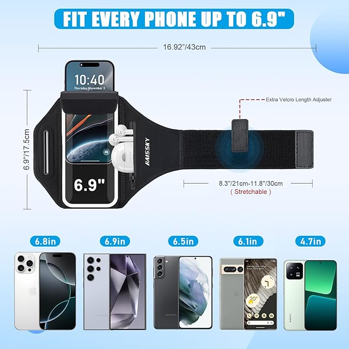 Running Phone Armband with Earphone Holder - 3D Design Cell Phone Armband for iPhone 15/14/13 Pro/Plus & Galaxy S20/S10, Water Resistant Sports Phone Holder with Key Slot for 6.9" Device