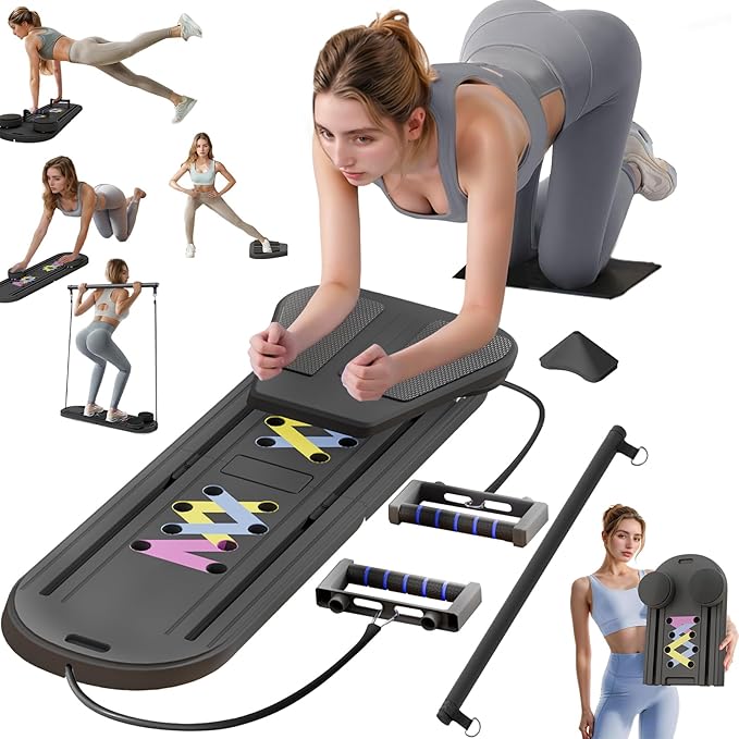 Pilates Reformer Board, 6 in 1 Portable & Foldable Pilates Reformer Set with Resistance Bands, Pilates Board for Home Workout, Multifunctional Abdominal Board