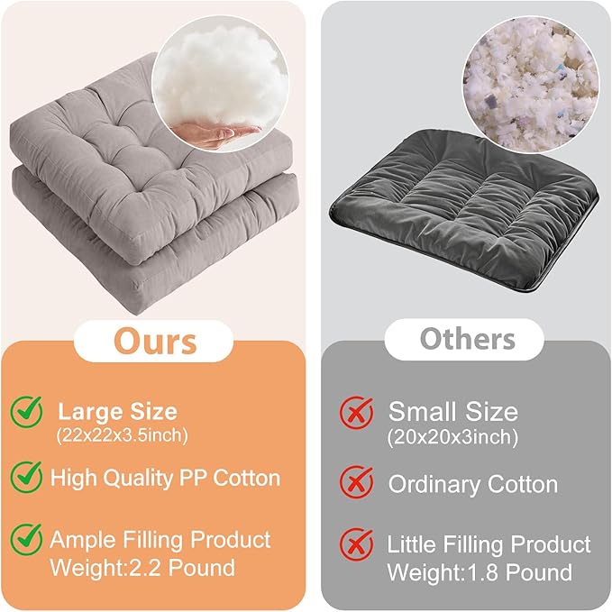 Tiita Meditation Floor Pillows, 22 Inch Square Floor Cushions for Adults, Thicken Tufted Seat Pad Set of 2, Large Floor Cushion for Yoga Garden Living Room Balcony Office Tatami, Grey