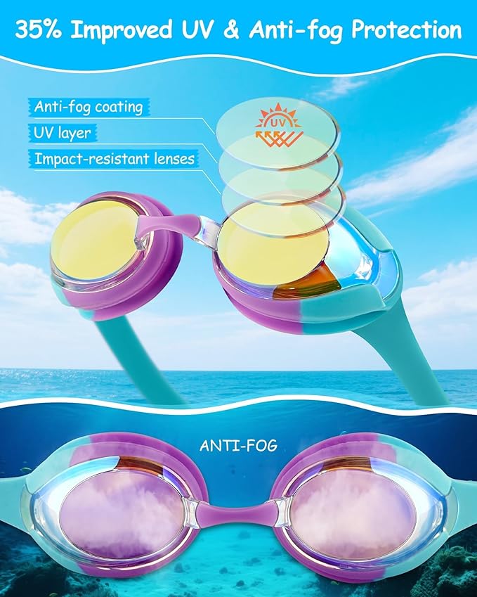 Kids Swim Goggles, Anti-fog and UV Protection with Swim Cap for Age 3-15 Youth Boys Girls Toddler