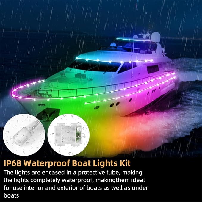 Kayak Paddle Board Lights Kit, IP68 Waterproof Dream Color SUP Glow Lights with Remote, Battery Powered Boat Light for Night Kayaking SUP Canoes, Marine Pontoon Boat Light (24FT)
