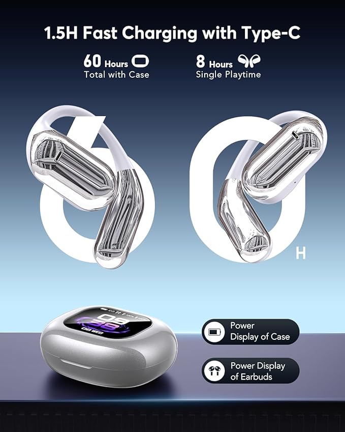 AI Language Translation Earbuds, Bluetooth 5.4 Headphones Translator for 144 Languages & Accents, OWS LCD Touch Screen Real-Time Earphones Fit iOS and Android Ideal for Travel Business Learning,Silver