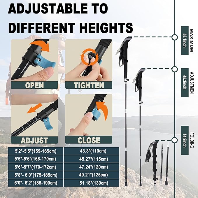 Trekking Poles Lightweight Collapsible Hiking Poles Folding Aluminum Walking Sticks 2 Pack Walking Sticks for Hiking