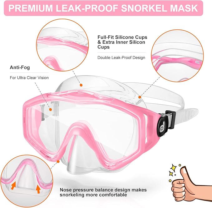 Odoland Kids Snorkeling Packages Snorkel Set, Dry Top Snorkel Mask with Adjustable Swim Fins for Boys and Girls Age 7-14