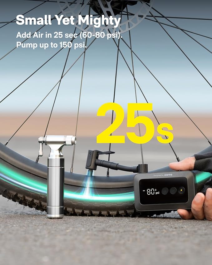 HOTO Mini Bike Tire Pump, 25s Fast Inflate Bicycle Pump with Guage, 150PSI Portable Electric Bike Air Pump with Presta and Schrader Valve for Road Bike, Motorcycle, Mountain Bike, Car, Sports Ball