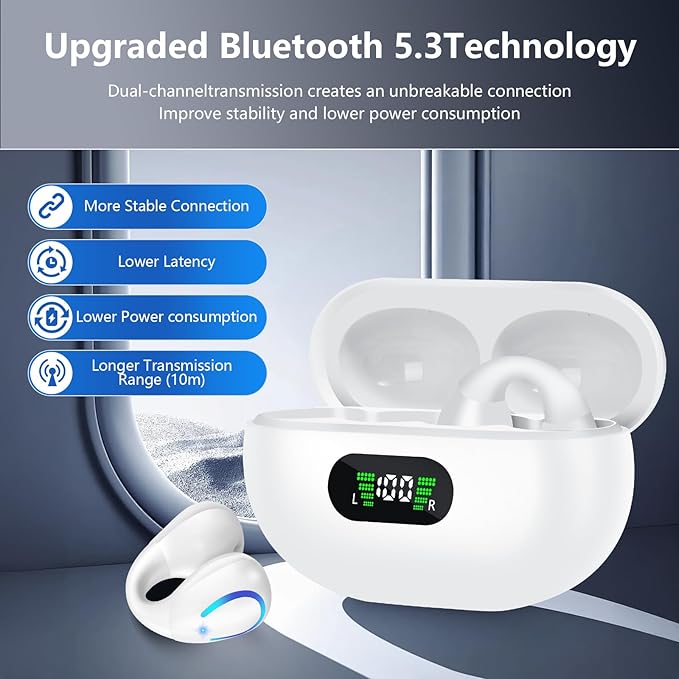 Open Ear Bone Conduction Headphones Bluetooth 5.3 Clip On Earbuds with Digital Display Charging Case 60 Hours Playtime Sport Earphones Built-in Mic IPX7 Waterproof for Running Fitness White
