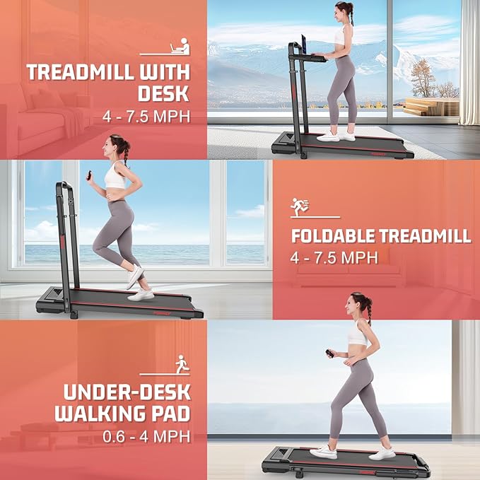 Walking Pad Treadmill with Desk Workstation, 10% Incline Foldable Treadmill with Handrail, 300lbs Capacity, 3 Control Methods, 8 in 1 Folding Treadmills for Home Office