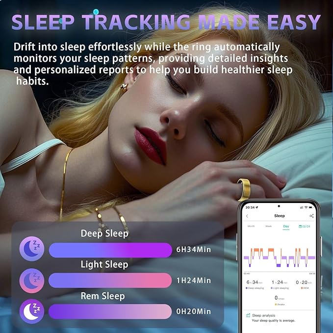 Health Fitness Tracker Ring for Women Men – Smart Ring with Heart Rate, SpO2, Blood Pressure, Sleep Monitoring with Charging Case,Remote Photography, Family Care, No Subscription Fee (Gold 11)