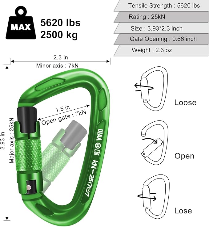 Climbing Carabiner Clips 25kN Auto Locking Carabiner, Professional Heavy Duty Large Locking Carabiner Clips for Rock/Ice Climbing Rappelling Rescue Swing etc, D Shaped, Large Size