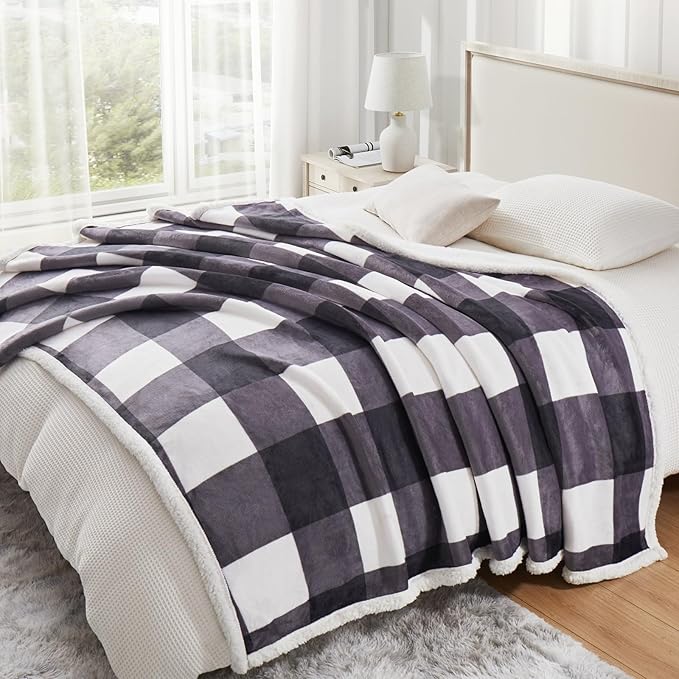 PU MEI Sherpa Blanket Fleece Throw Blanket Twin Plaid Thick Bed Blanket, Soft Warm Cozy Dark Grey Checkered Throw Blanket 60"*80"