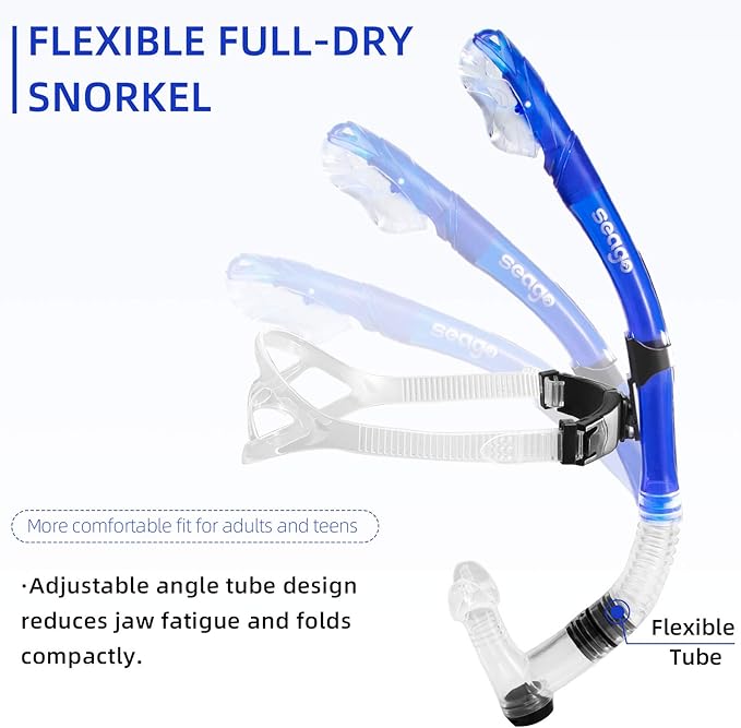 Seago Swim Snorkel for Lap Swimming, Dry Top Front Swimmer Snorkel for Adult Youth, Snorkel Gear Swimming Training Equipment in Pool and Open Water with Comfy Head Pads Food-Grade Silicone Mouthpiece