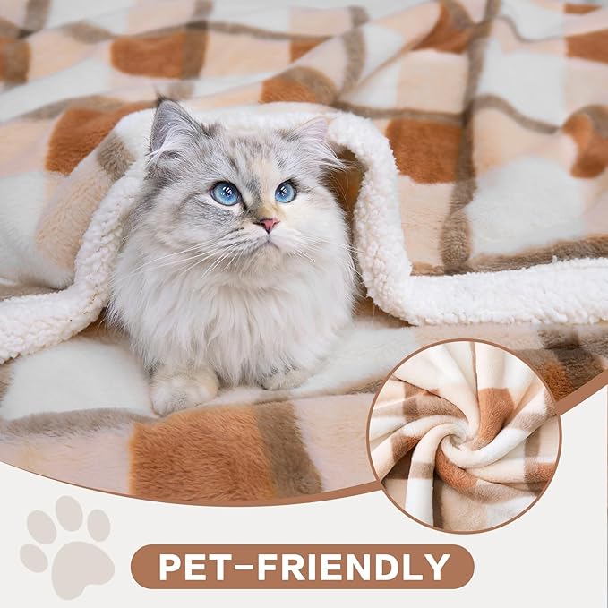 PU MEI Super Soft Faux Rabbit Fur Sherpa Fleece Throw Blanket, Reversible Luxury Cozy Cute Furry Blanket, Plush Warm Shaggy Fluffy Checkered Blankets for Sofa Couch Bed (Beige-Plaid, 80" x 90")