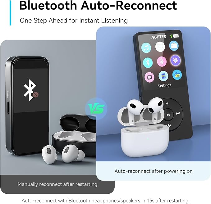 AGPTEK A02 MP3 Player with Bluetooth 5.3, 1.8 inch Screen Portable Music Player with Speaker, FM Radio, Voice Recorder, Supports Expanded Up to 128GB(Black, 64GB)