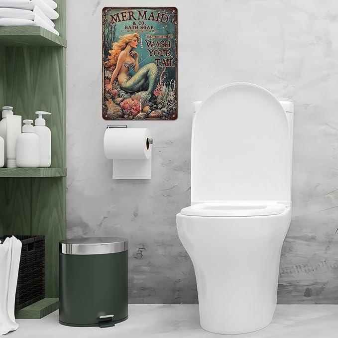 Retro Mermaid Tin Sign Wash Your Tail Vintage Metal Poster Funny Bath Soap Wall Art Toilet Bathroom Man Cave Bar Cafe Indoor Living Room Garage 12 * 8inch
