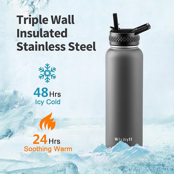 40 oz Insulated Water Bottle with Straw (Cold for 48 Hrs), Stainless Steel Triple Wall Vacuum Sports Water Jug, Leakproof Hydro Cup Flask with Paracord Handle & Straw Spout Lids & DIY Stickers