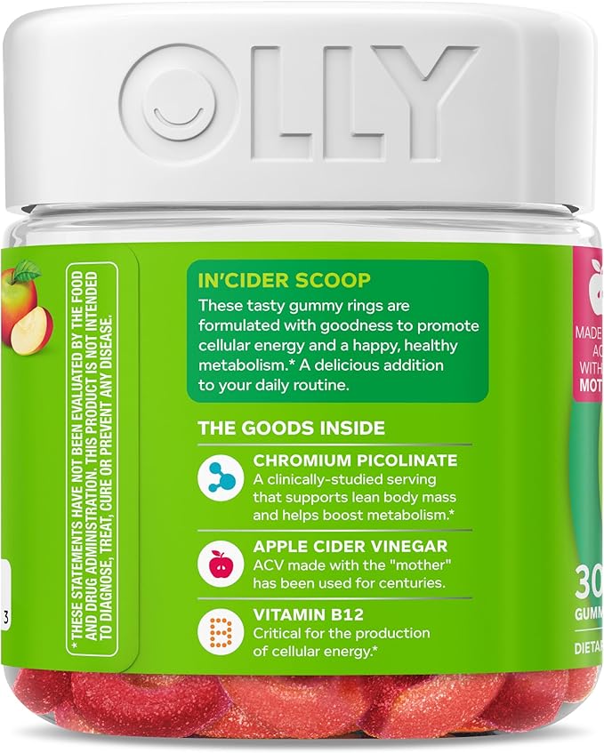 OLLY Metabolism Gummy Rings, Apple Cider Vinegar, Vitamin B12, Chromium, Energy and Digestive Health, Chewable Supplement, Apple Flavor - 30 Count