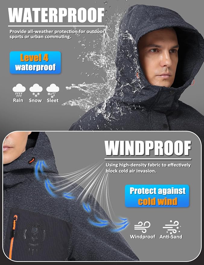 Men's Winter Jacket Waterproof Ski Snow Coat Windproof Snowboard Hooded Raincoats with Warm Graphene lining