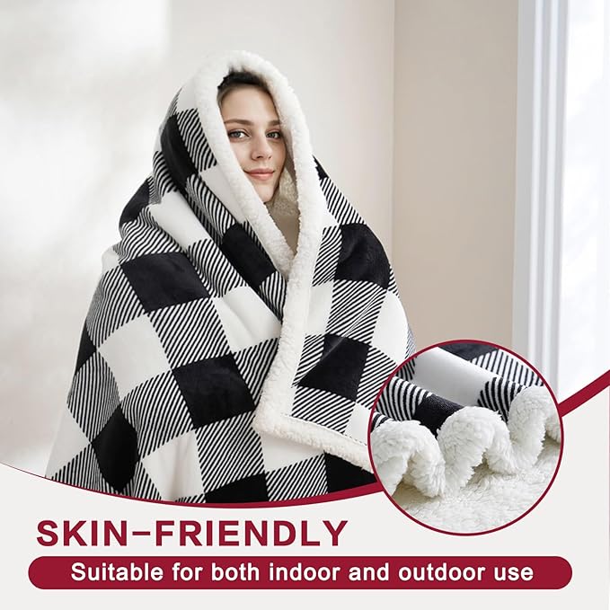 PU MEI Sherpa Fleece Throw Blanket 60" x 80" Reversible Plush Fluffy Large Big Blanket Lattice Flannel Blankets for All Season Use, Black and White