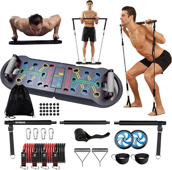 HOTWAVE Portable Exercise Equipment with 16 Gym Accessories.20 in 1 Push Up Board Fitness,Resistance Bands with Ab Roller Wheel,Full Body Workout at Home