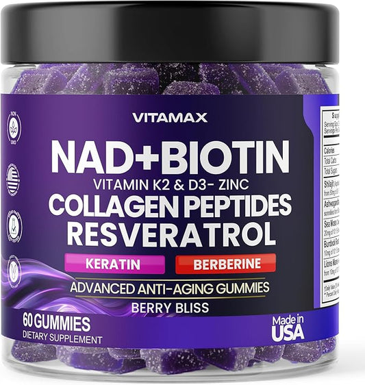 NAD+, Resveratrol, Berberine, & Biotin Anti-Aging Gummy - Hair, Skin, Nails & Joint Supplement - Collagen Peptides, Keratin, Zinc, Vitamin K2 & D3 Gummies -Regeneration- Non-GMO - Made in USA 60 Count