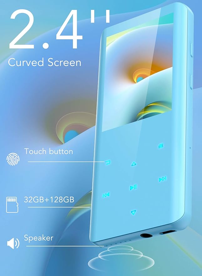 MP3 Player with Bluetooth 5.3, AGPTEK A19X 2.4" Curved Screen Portable Music Player with Speaker Lossless Sound with FM Radio, Voice Recorder, Built in 32GB, Supports up to 128GB, Blue