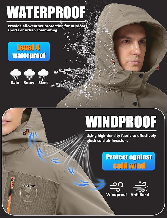 Men's Winter Jacket Waterproof Ski Snow Coat Windproof Snowboard Hooded Raincoats with Warm Graphene lining