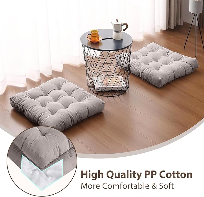 Tiita Meditation Floor Pillows, 22 Inch Square Floor Cushions for Adults, Thicken Tufted Seat Pad Set of 2, Large Floor Cushion for Yoga Garden Living Room Balcony Office Tatami, Grey