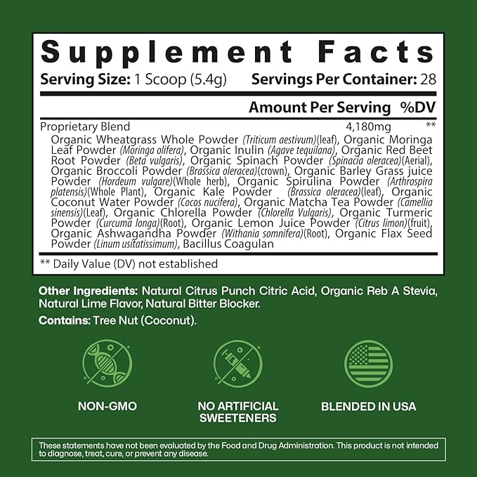 ColonBroom Superfood Greens Powder Supplement | Super Greens Juice Powder with Probiotics, Prebiotics, Spirulina & Chlorella | Natural for Energy, Immunity, Digestion & Detox Support | 28 Servings