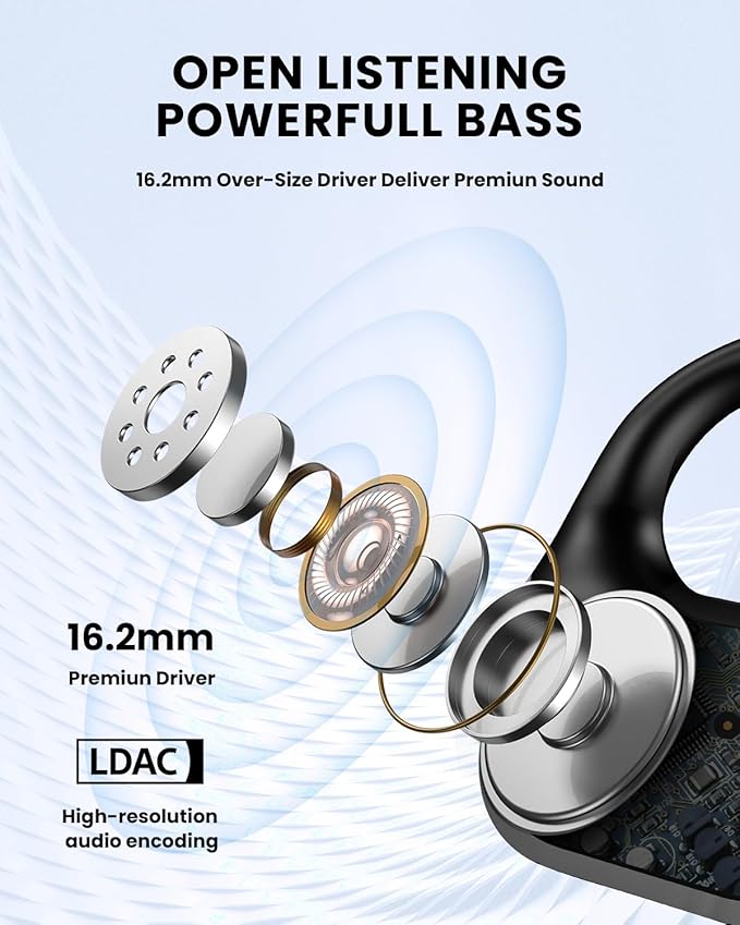 Open Ear Headphones,Bluetooth 5.3 Air Conduction Headphones ,Comfortable for Long Wear ,Powerful Bass,AI Clear Calls,30H Playback,IPX6 Light Weight Open Ear Earbuds with Ear-Hook for Workout,Running
