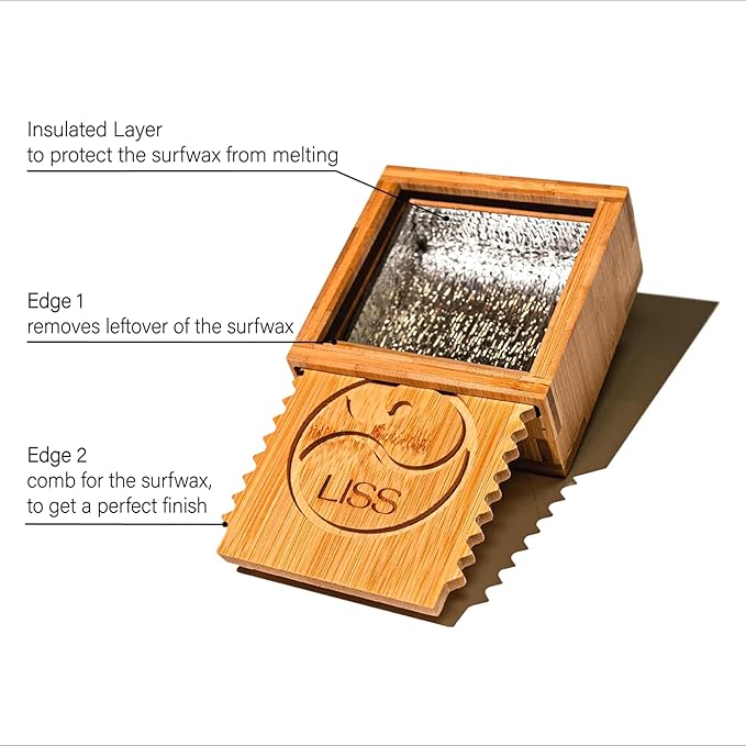 Surf Wax Box Insulated, Bamboo Holder with Insulated Interior, Wax Comb and Remover, Works with All Wax Types - Wax Not Included