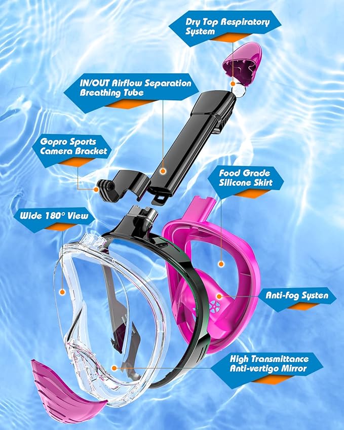 QingSong Full Face Snorkel Mask for Adults, Snorkeling Gear with Camera Mount, 180 Degree Panoramic View Snorkel Set Anti-Fog Anti-Leak