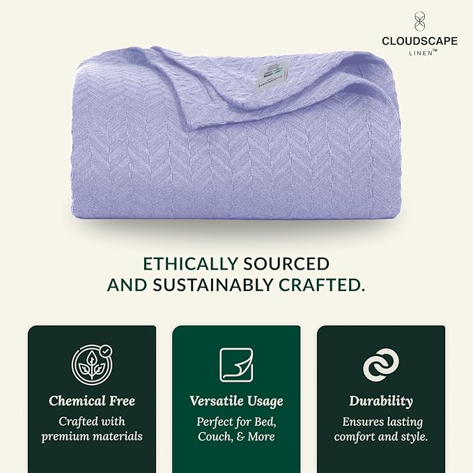 Cloud Scape Linen 100% Cotton Blanket King Size for Bed – Lightweight Summer Blanket, Herringbone Weave,fits California King Size Bed, 92x108,Lavender Blue
