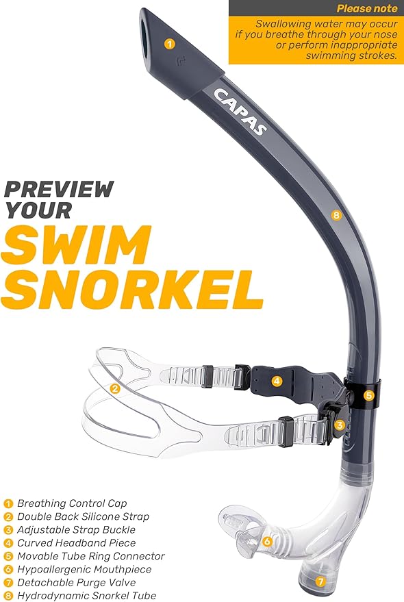 CAPAS Training Swim Snorkel for Lap Swimming, Swivel Headband Ultimate Fit Center-Mount Swimmers Snorkel with Liquid Silicone Mouthpiece Adjustable Strap, Designed for Adult Men Women