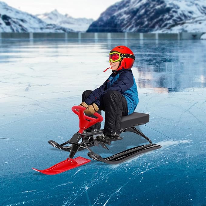 Snow Racer Sled for Kids, Dual Brakes Snowmobile Sled Ski with Steering Wheel, Snow Sledge for Skiing, Ice Skating, Sand Skating, Single Rider 45 x 20 x 15 inches