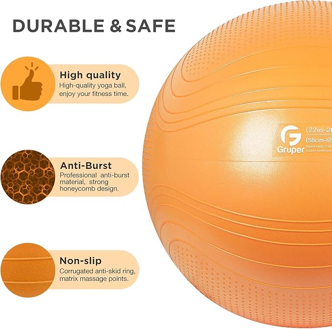 Yoga Ball, 22-30 Inch Extra Thick Exercise Ball for Workout Fitness Balance, Anti Burst Chair for Home and Office Desk, Includes Hand Pump & Workout Guide Access