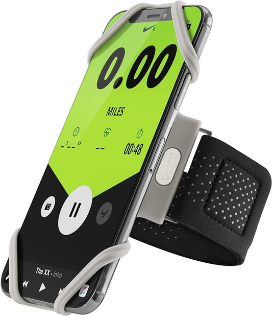 BONE Run Tie, Running Cell Phone Holder, Skin-Friendly & Washable Silicone Sport Armband, Universal Workout Phone Carrier Compatible with Most Smartphone (Gray - Size L/Arm Size 9.8-15.7")