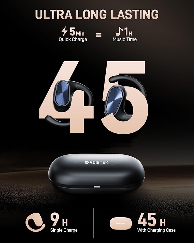 Open Ear Headphones, Bluetooth Wireless Open Ear Earbuds (0.3oz Lightweight) with 15mm Drivers, 45H Playtime, IPX5 for Sports, Fitness, Cycling, Running, Travel, Driving