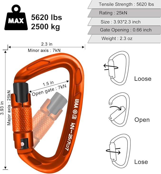 Climbing Carabiner Clips 25kN Auto Locking Carabiner, Professional Heavy Duty Large Locking Carabiner Clips for Rock/Ice Climbing Rappelling Rescue Swing etc, D Shaped, Large Size