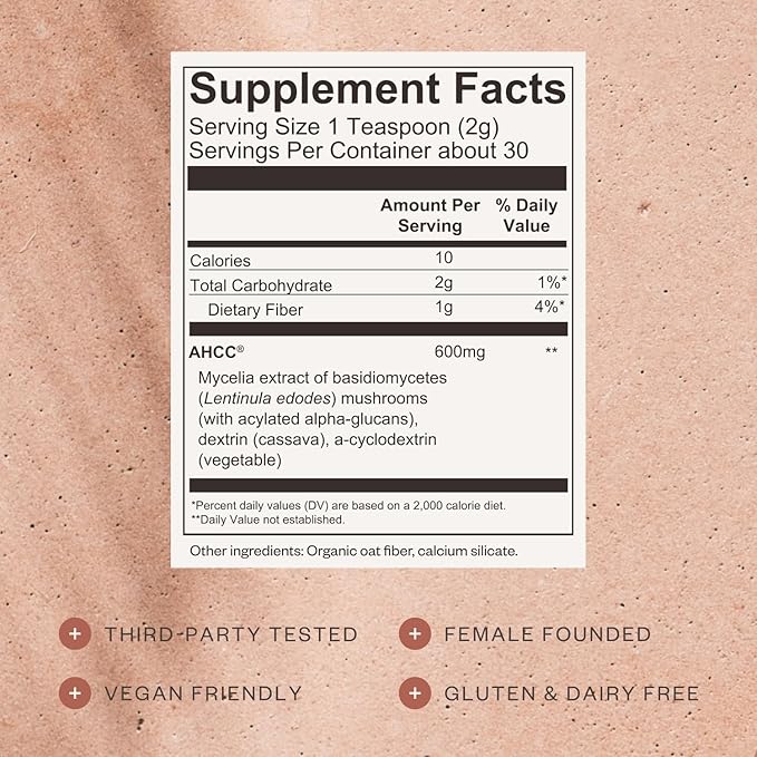 SHII AHCC Daily Immunity Powder, 2.1 Oz - Vegan, Gluten-Free Immune Support Supplement with AHCC, Easy-to-Mix Shiitake Mushroom Powder for Quick Absorption, Promotes Immune Response & Cellular Health