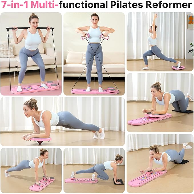 Pilates Board, Pilates Reformer Set, 7 in 1 Multifunctional Pilates Reformer Machine with Timer, Portable Foldable Pilates Board for Home Workout, Pilates Kit with Storage Bag