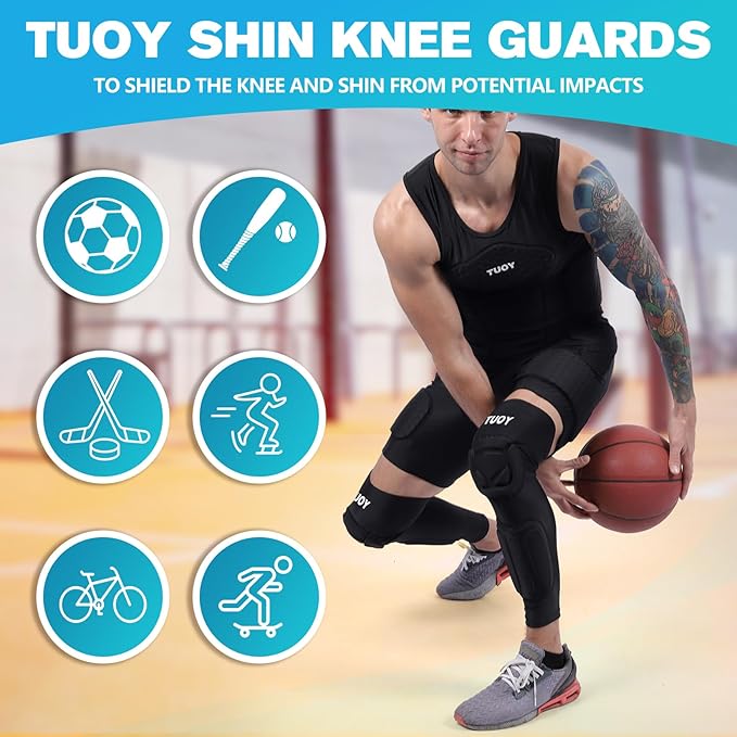 TUOY Knee Pad with Shin Guard Pads, Protective Shin/Knee Sleeve Support for Soccer, Football, Basketball, Wrestling, Volleyball (A Pair)