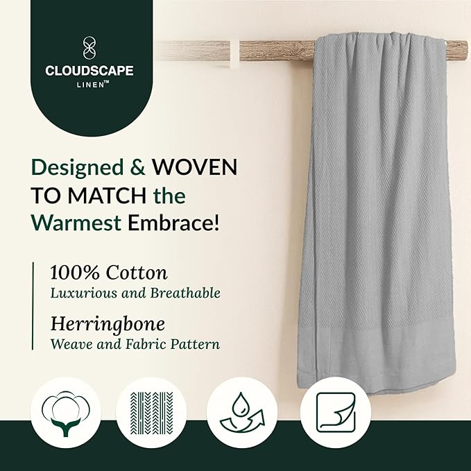 Cloud Scape Linen 100% Cotton Blanket King Size for Bed – Lightweight Summer Blanket, Herringbone Weave,fits California King Size Bed, 92x108,Light Grey
